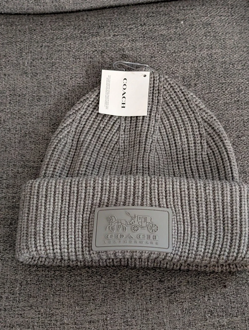 Coach Gray Ribbed Knit Beanie with Logo Patch